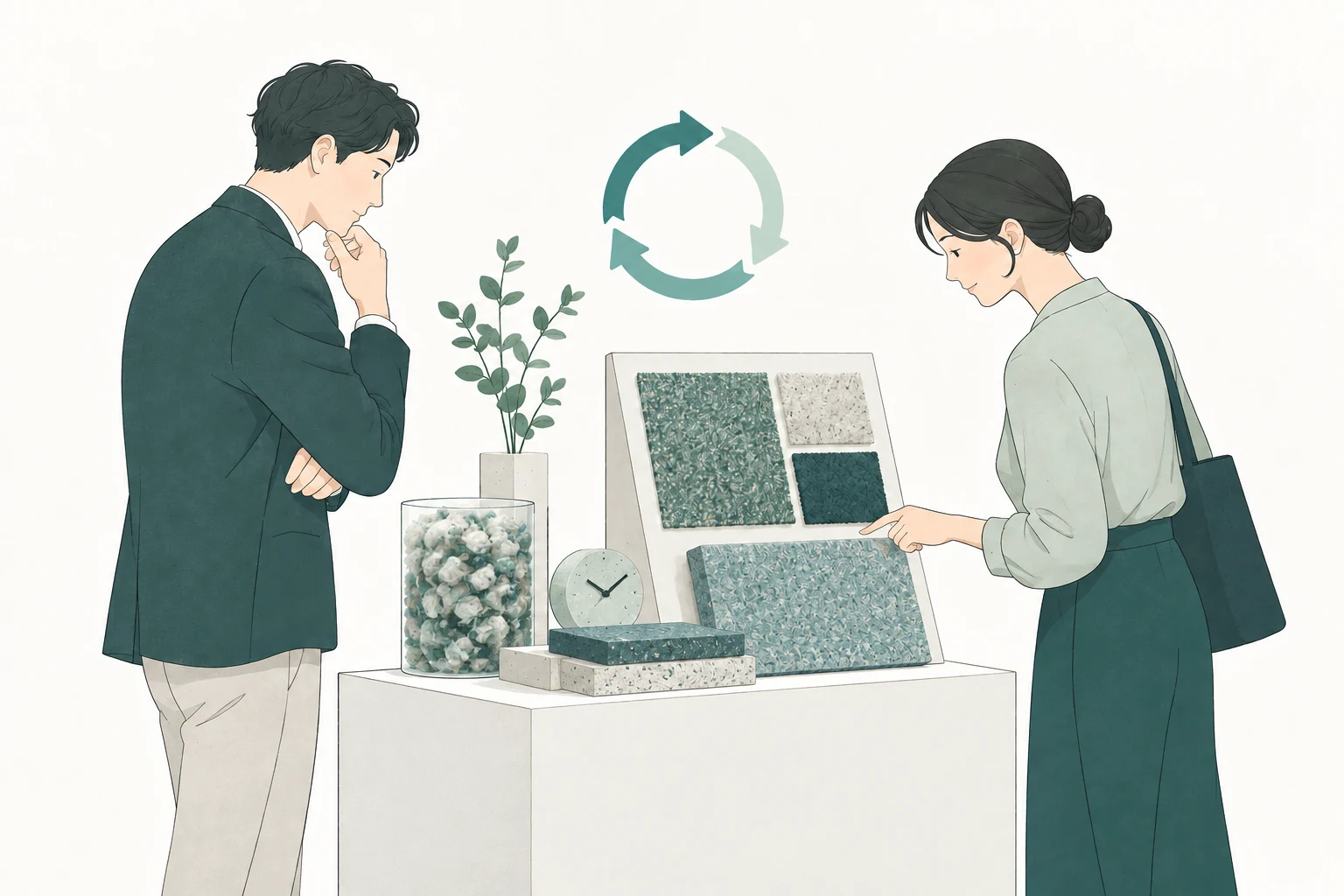再資源化した素材や製品を展示し、取り組みを見える形で伝えるイメージ